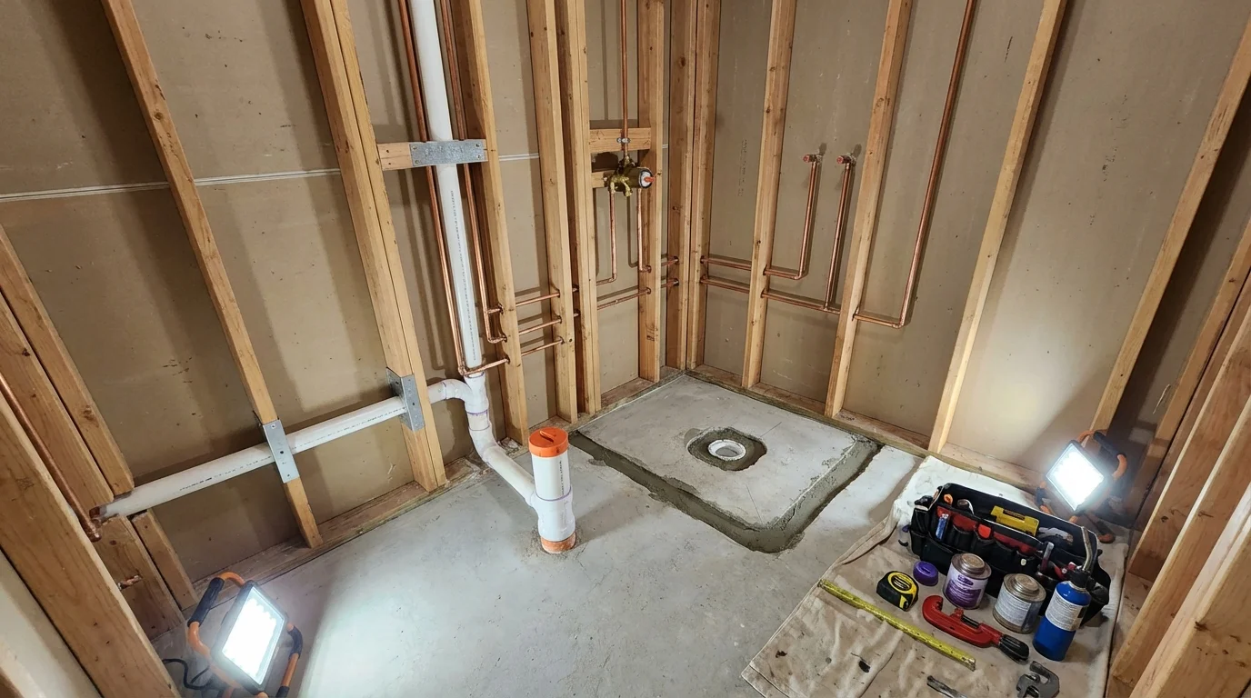 Bathroom rough-in plumbing during remodel by Johns Plumbing LLC in Lake Oswego