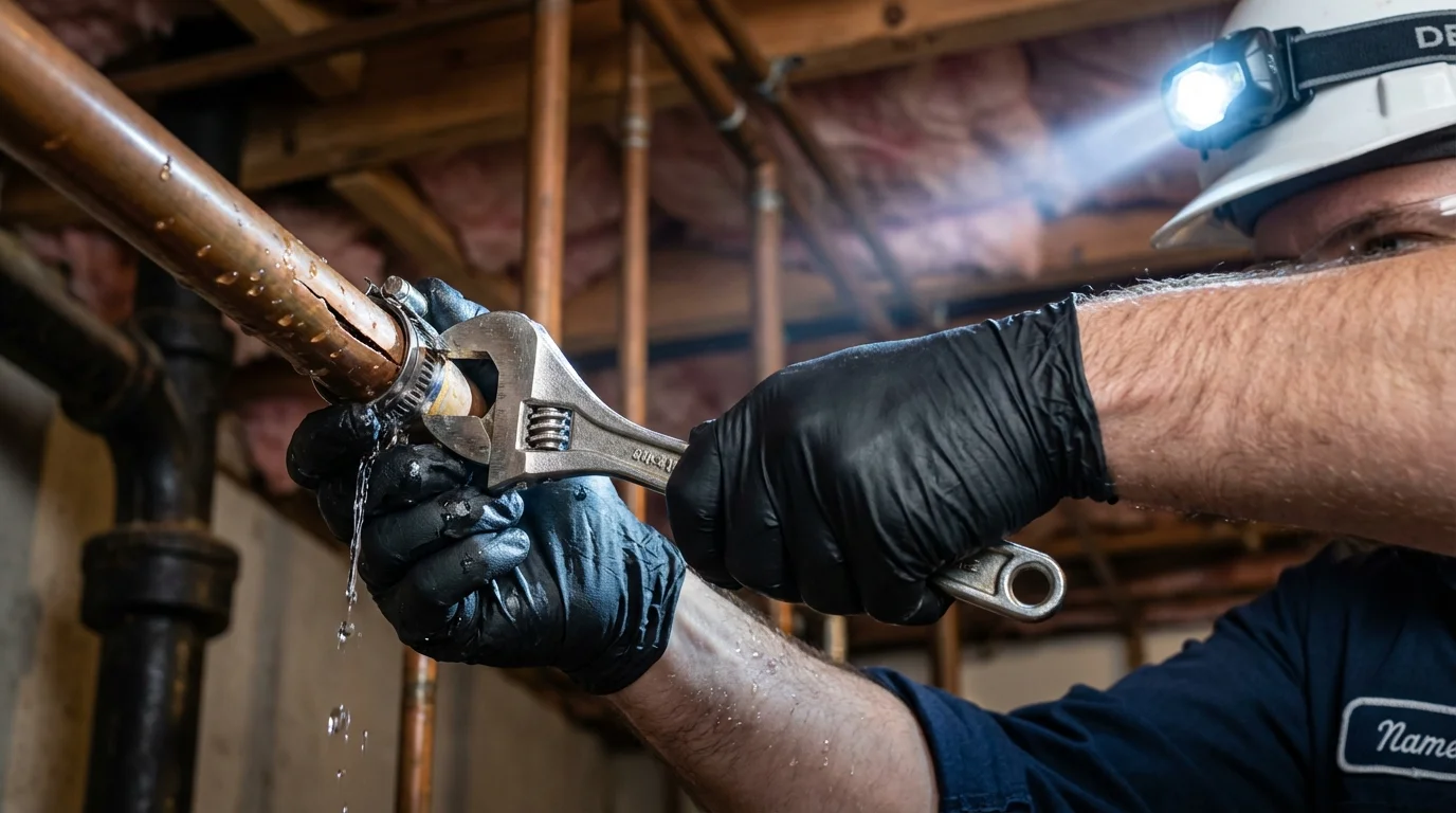Emergency pipe clamp repair being performed by a Johns Plumbing LLC plumber in Lake Oswego