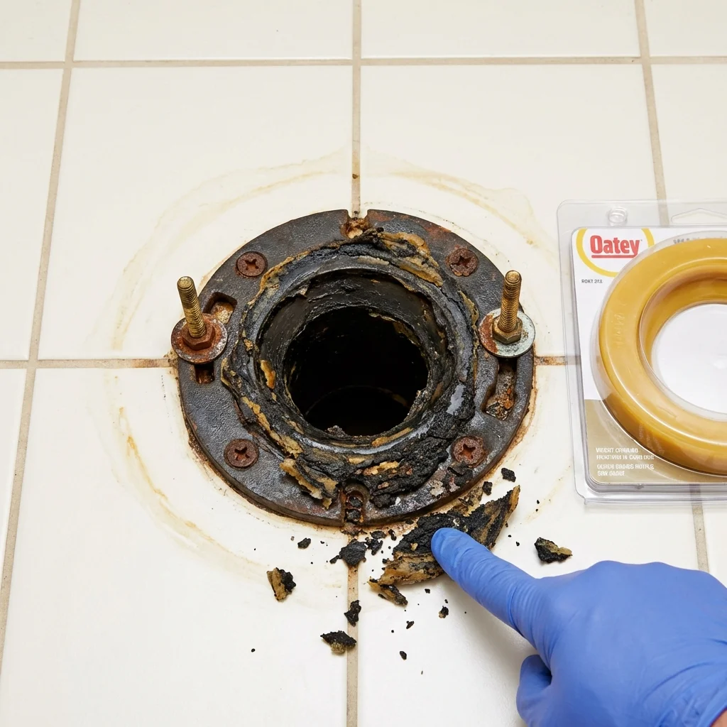 Failed wax ring showing water seepage at the base of a toilet in a Lake Oswego, OR home