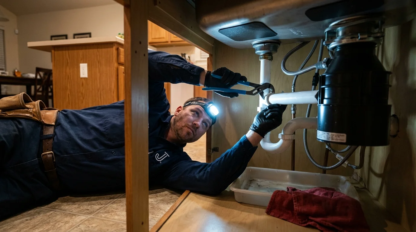 P-trap and supply line connections under a kitchen sink showing a common leak point in Lake Oswego, OR